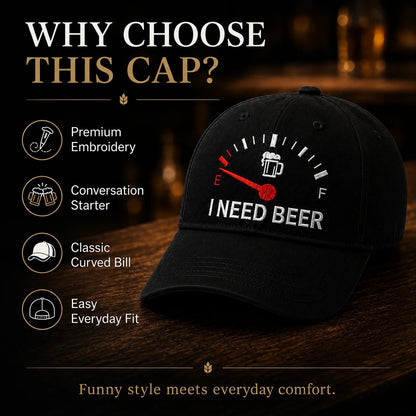 🔥 SIDSTE DAG MED 50% RABAT - 🍺 'I NEED BEER' broderet baseballkasket – Unisex mindekasket 🧢
