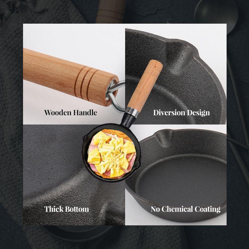 📢📢 50% RABAT & På lager ⏰ 🍳 Mini Non-stick Støbejernspande 10 cm – Sundt støbejern, ensartet varme & træhåndtag ✨