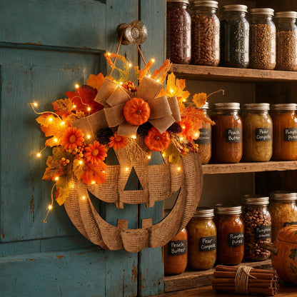 🎃✨ Græskarkrans i hessian med lys