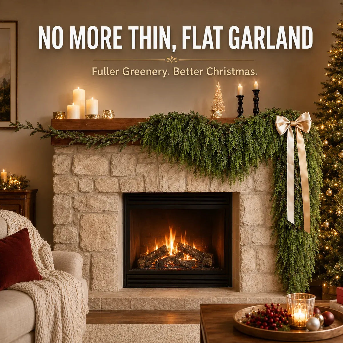 🎄 2-pak ægte-touch cedertræ-girlander — Fyldig juledekoration