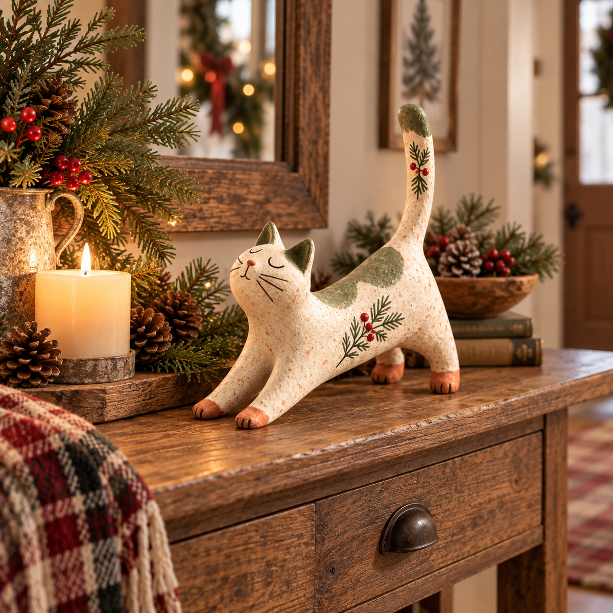 🐈🎄 Woodland Christmas Cat Figurine — en hyggelig lille skovven til dit julehjem