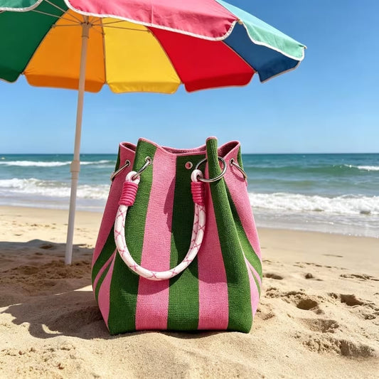 🏆👜 Tilbud i en begrænset periode: 50% RABAT 🌴 Boho Stribet Strikket Bøttehåndtaske til Kvinder – Håndlavet Sommer Strand Skuldertaske