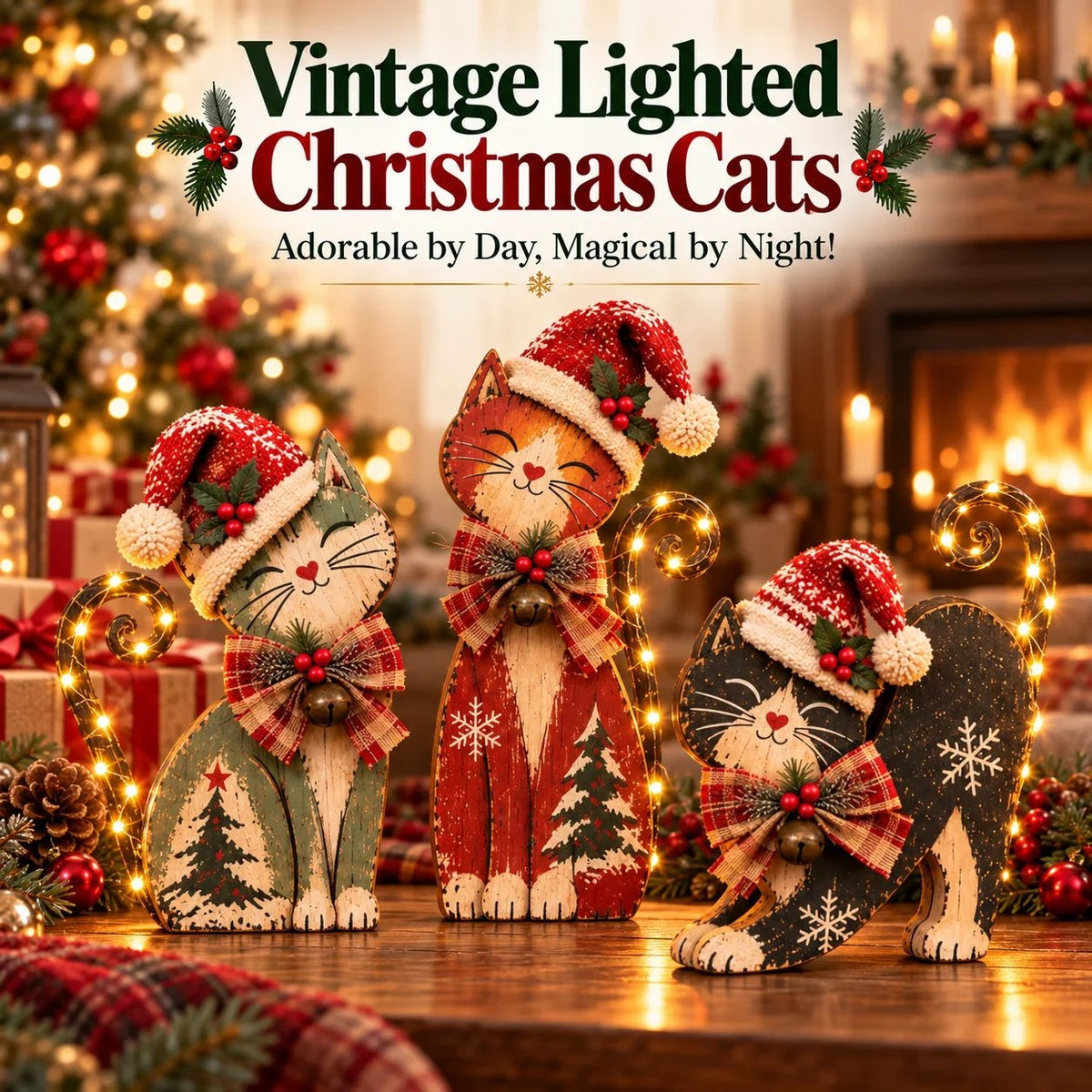 🎄 Vintage julekatte med LED-lys – 3 designs