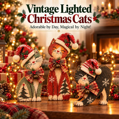 🎄 Vintage julekatte med LED-lys – 3 designs