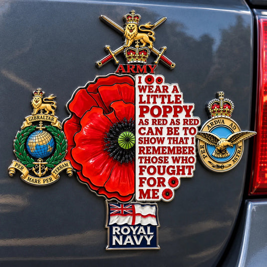 🌺 Britisk Militær “Lest We Forget” Erindringspoppe Metal Bil Emblem | 7–8 tommer 3D Metal Design med Ophøjede Militærinspirerede Detaljer & Ekstra Stærk Klæbende Bagside 🇬🇧