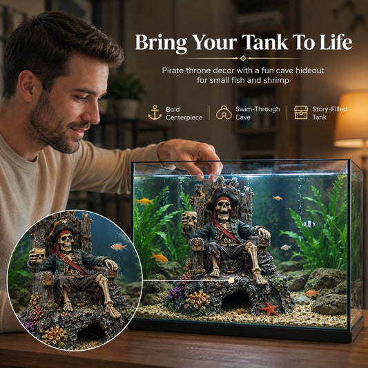 🌊☠️Undervands Piratskelet Trone Akvarium Skjulested Hule Dekoration
