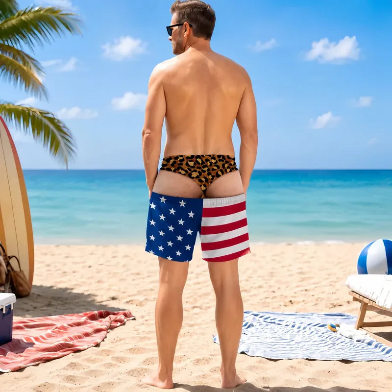 Leopard Print Denim Funny Beach Swim Trunks