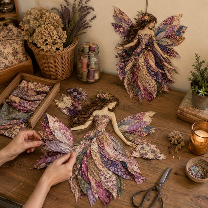 🧚‍♀️🌸 Premium-gør-det-selv-sæt »Fairy Patchwork« | Lagdelt stof i høj kvalitet med blomsterformede vinger – håndlavet fantasivægdekoration, du selv kan lave ✨