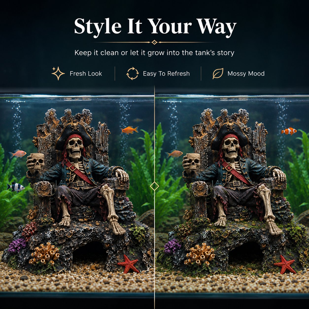 🌊☠️Undervands Piratskelet Trone Akvarium Skjulested Hule Dekoration