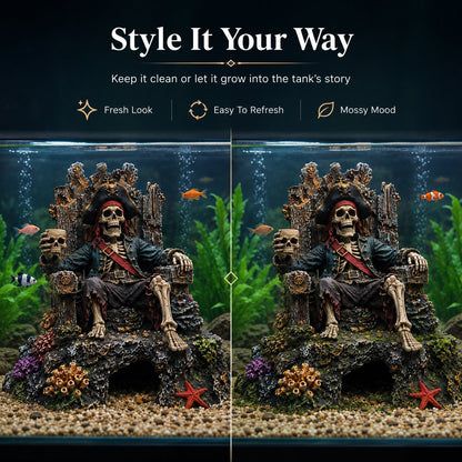 🌊☠️Undervands Piratskelet Trone Akvarium Skjulested Hule Dekoration