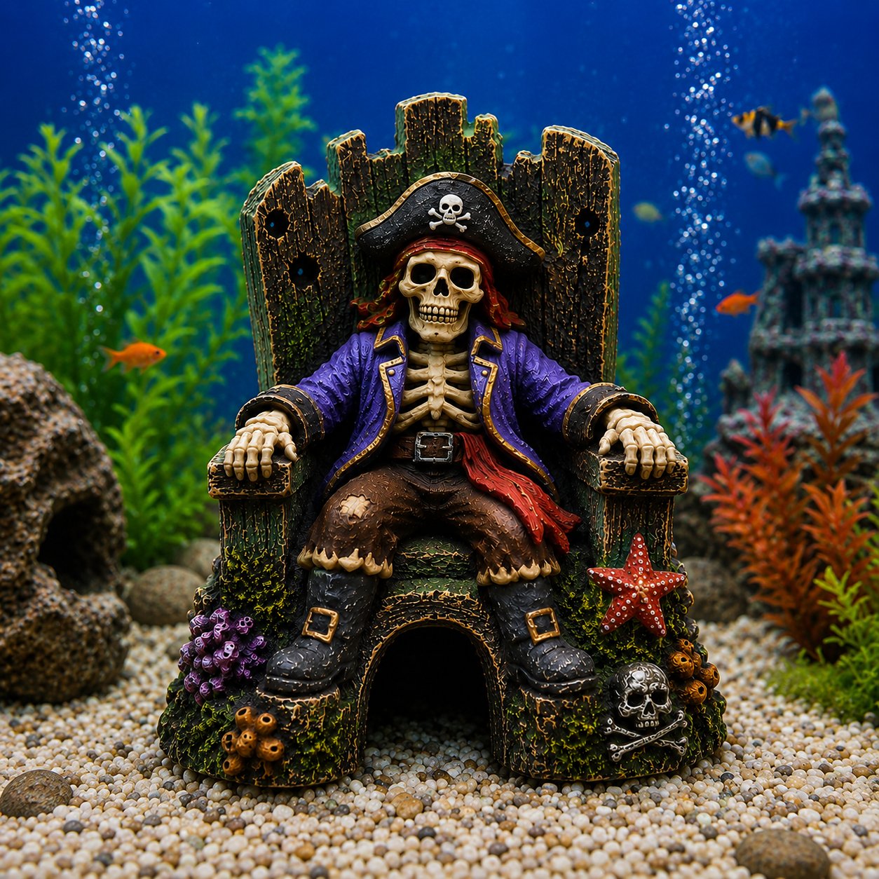 🌊☠️Undervands Piratskelet Trone Akvarium Skjulested Hule Dekoration