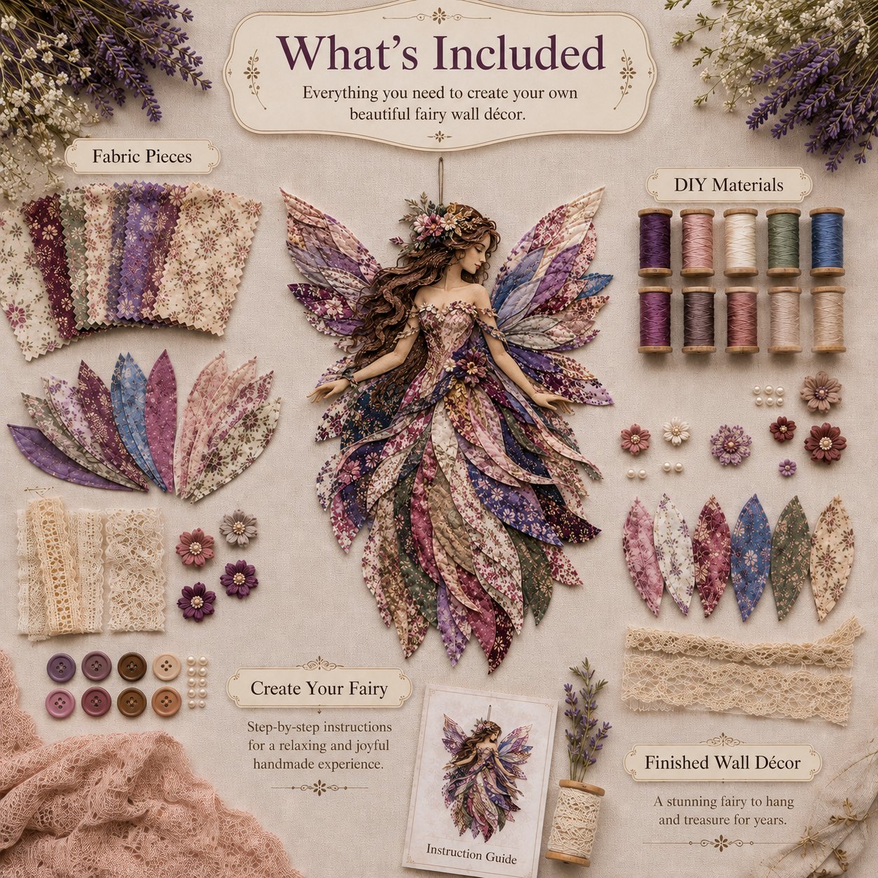 🧚‍♀️🌸 Premium-gør-det-selv-sæt »Fairy Patchwork« | Lagdelt stof i høj kvalitet med blomsterformede vinger – håndlavet fantasivægdekoration, du selv kan lave ✨