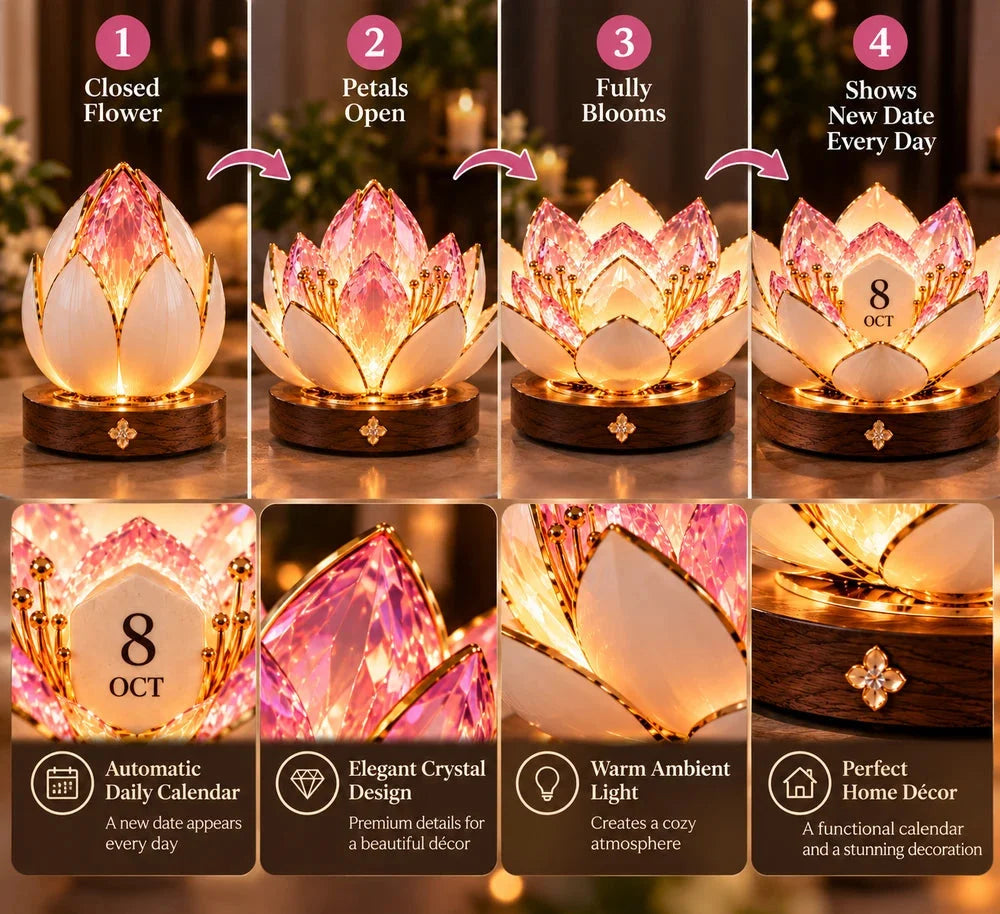 🌸✨ Automatisk blomstrende evighedskalender – Blomsterkalender med dato og varmt stemningslys 💗