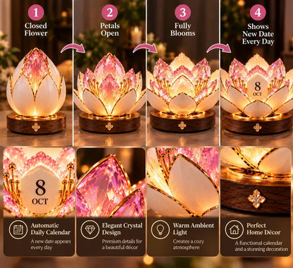 🌸✨ Automatisk blomstrende evighedskalender – Blomsterkalender med dato og varmt stemningslys 💗