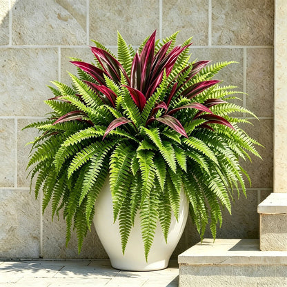 💥Sommertilbud🔥UV-resistente kunstige bregner & røde dracaena-planter – Fyldige, frodige & falmebestandige!