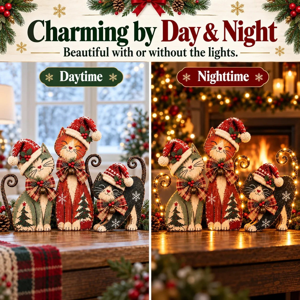 🎄 Vintage julekatte med LED-lys – 3 designs