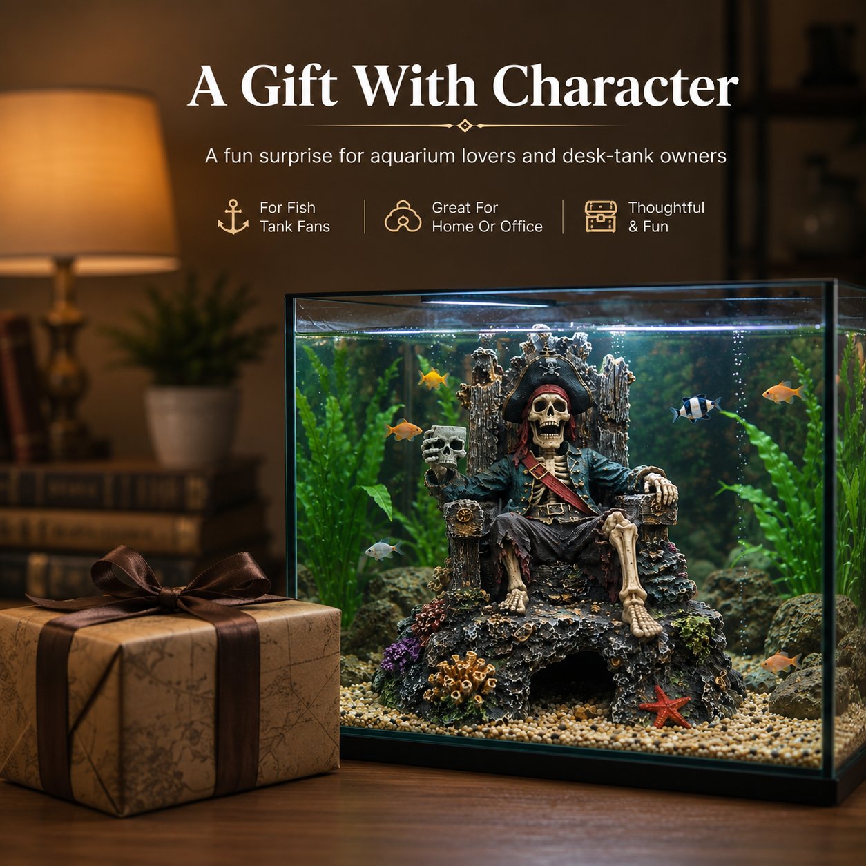 🌊☠️Undervands Piratskelet Trone Akvarium Skjulested Hule Dekoration