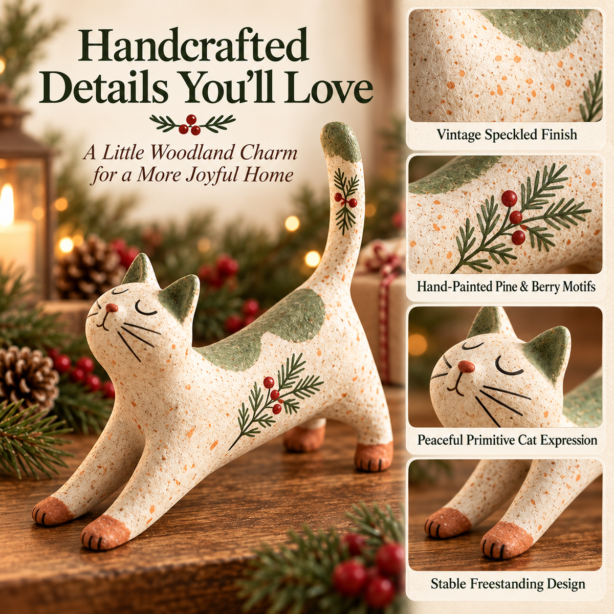 🐈🎄 Woodland Christmas Cat Figurine — en hyggelig lille skovven til dit julehjem