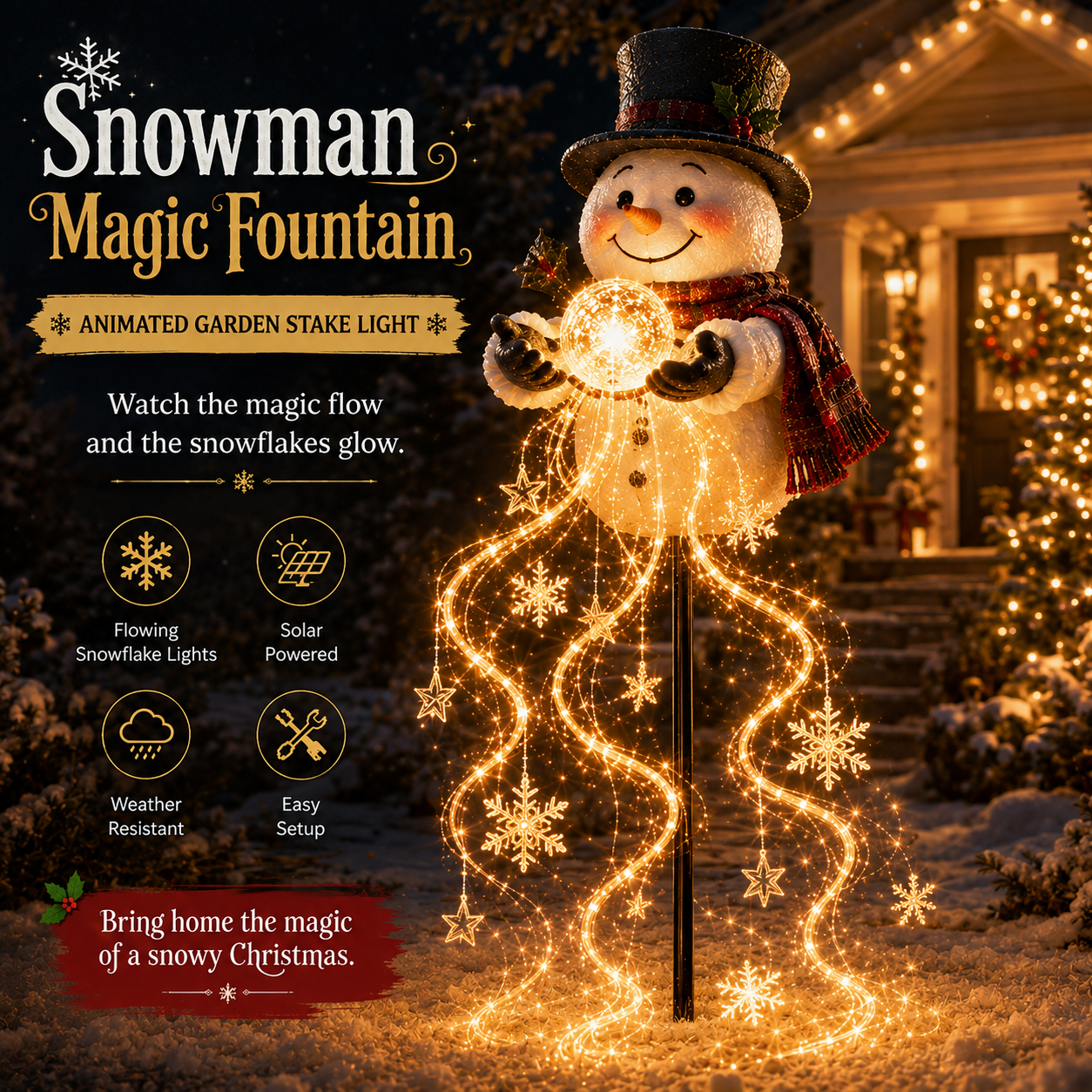 🎄 SPAR 49% | Snowman Magic Fountain™ – Solcelledrevet LED-Julebelysning Med Magiske Snefnug ❄️