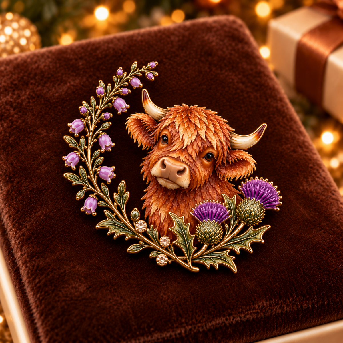 🐮 Highland Cow & Thistle 🏴󠁧󠁢󠁳󠁣󠁴󠁿 Skotsk Arv Emalje-Broche