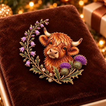 🐮 Highland Cow & Thistle 🏴󠁧󠁢󠁳󠁣󠁴󠁿 Skotsk Arv Emalje-Broche