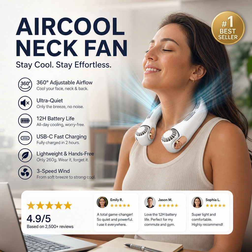 ⏰SIDSTE DAG SÆRPRIS KUN 249 KR.!!❄️ Hals-aircondition-ventilator – Ultrastille, 360° roterende og med 3 hastigheder. Håndfri afkøling og lang batterilevetid. Sommerens absolutte must-have! 😎🌬️