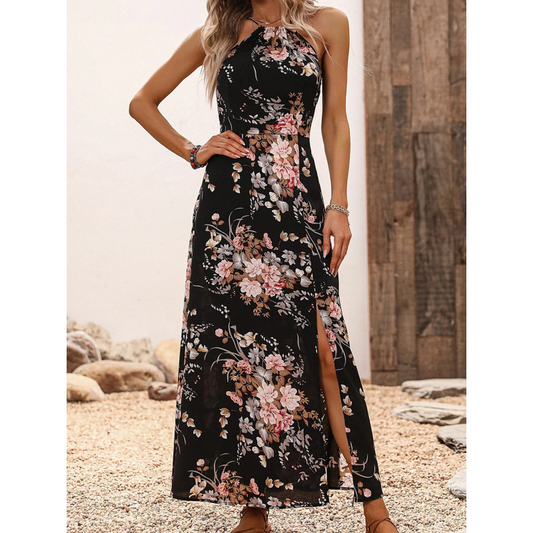 Kjole med blomsterprint, slids og halterneck