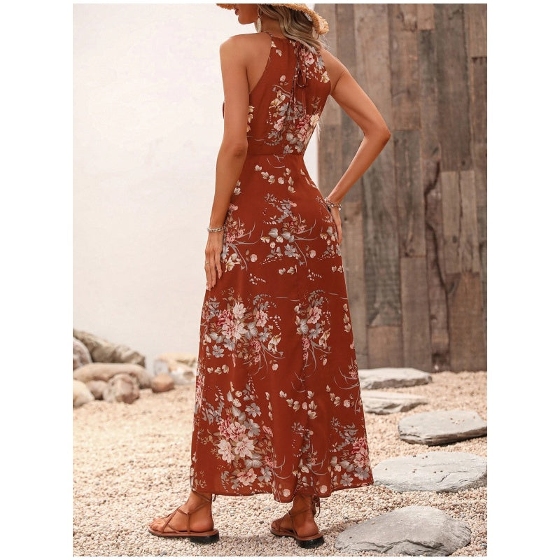 Kjole med blomsterprint, slids og halterneck