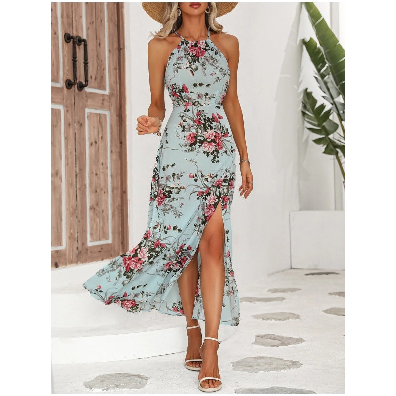 Kjole med blomsterprint, slids og halterneck