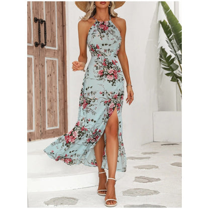 Kjole med blomsterprint, slids og halterneck