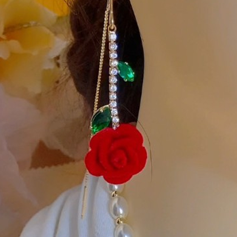 🌹✨KAMPAGNE -50%💎Rød-rosa øreringe med krystalstav – Threader-stil, mikro-indfattet & romantisk design (guld med grøn)