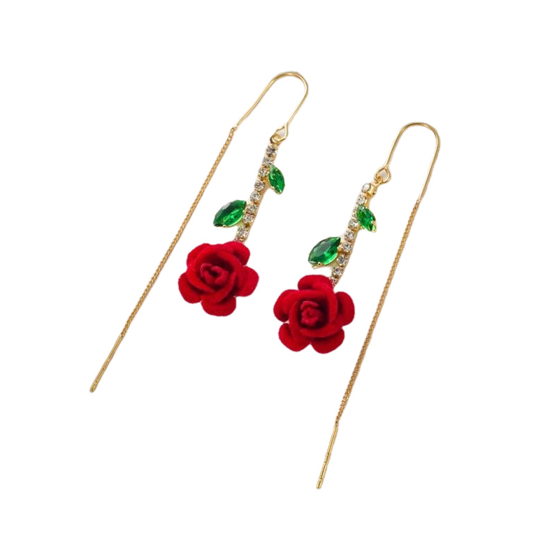 🌹✨KAMPAGNE -50%💎Rød-rosa øreringe med krystalstav – Threader-stil, mikro-indfattet & romantisk design (guld med grøn)