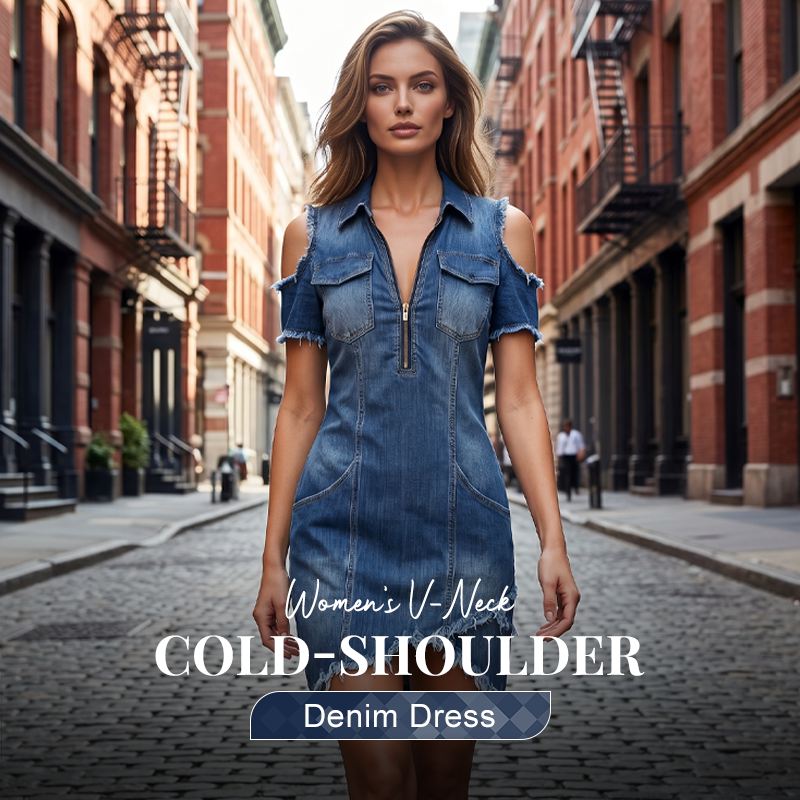 👖 BEGRÆNSET TID, 50% RABAT! ✨ Cold-shoulder denimkjole til damer – V-udskæring, flydende, boho 🌼