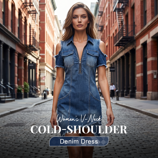 👖 BEGRÆNSET TID, 50% RABAT! ✨ Cold-shoulder denimkjole til damer – V-udskæring, flydende, boho 🌼