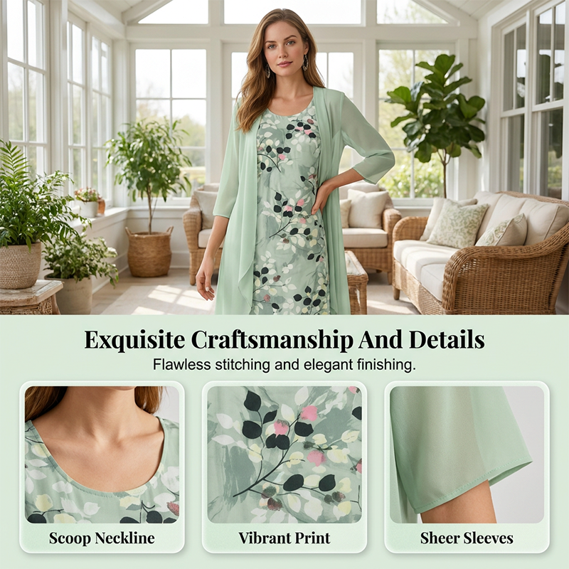 🏆 SIDSTE DAG MED 50% RABAT🔥 Elegant chiffonkjole & cardigan 2-delt sæt til kvinder | Fri fragt
