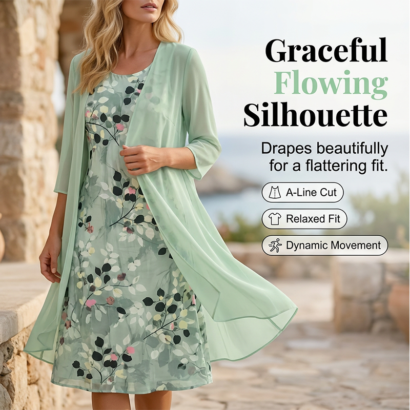 🏆 SIDSTE DAG MED 50% RABAT🔥 Elegant chiffonkjole & cardigan 2-delt sæt til kvinder | Fri fragt