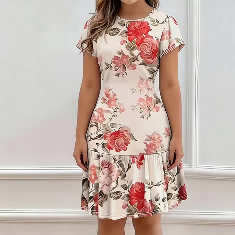 Elegant lang kjole med blomsterprint og flæsekant til kvinder
