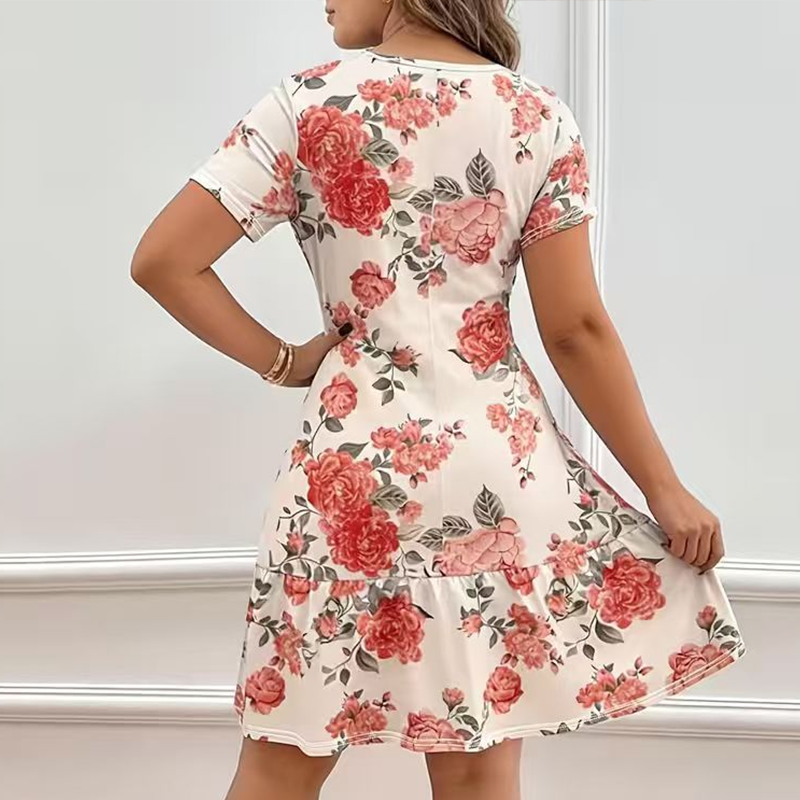 Elegant lang kjole med blomsterprint og flæsekant til kvinder