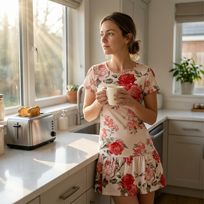 Elegant lang kjole med blomsterprint og flæsekant til kvinder