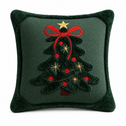 ⏳🔥 BEGRÆNSET TID: 50% RABAT! ⏰ Broderet juletræ-pudeovertræk med sløjfe (45×45 cm) | Dekorativt pudeovertræk til stuen og sofaen 🎄🧸