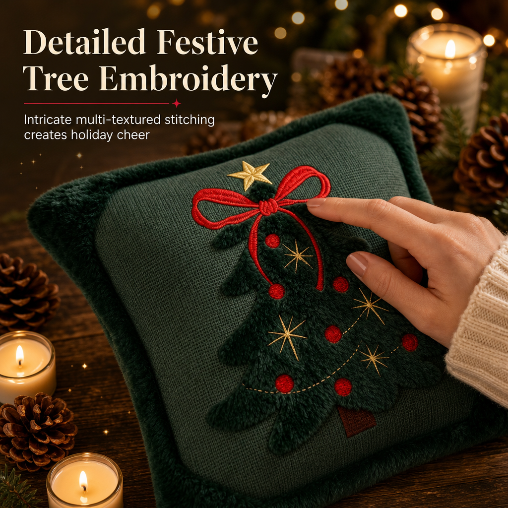 ⏳🔥 BEGRÆNSET TID: 50% RABAT! ⏰ Broderet juletræ-pudeovertræk med sløjfe (45×45 cm) | Dekorativt pudeovertræk til stuen og sofaen 🎄🧸