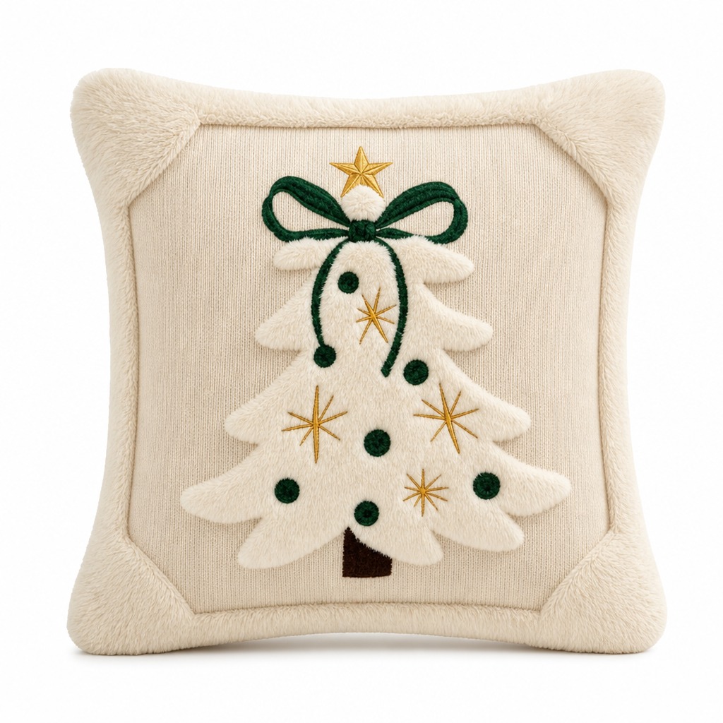 ⏳🔥 BEGRÆNSET TID: 50% RABAT! ⏰ Broderet juletræ-pudeovertræk med sløjfe (45×45 cm) | Dekorativt pudeovertræk til stuen og sofaen 🎄🧸