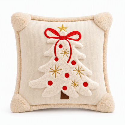 ⏳🔥 BEGRÆNSET TID: 50% RABAT! ⏰ Broderet juletræ-pudeovertræk med sløjfe (45×45 cm) | Dekorativt pudeovertræk til stuen og sofaen 🎄🧸
