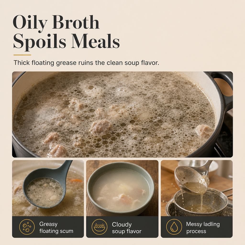 🥣 Fine-mesh skimmer — fjern fedt, skum og rester i én jævn bevægelse 🍲