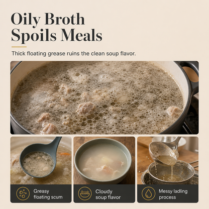 🥣 Fine-mesh skimmer — fjern fedt, skum og rester i én jævn bevægelse 🍲