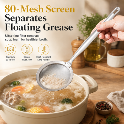 🥣 Fine-mesh skimmer — fjern fedt, skum og rester i én jævn bevægelse 🍲