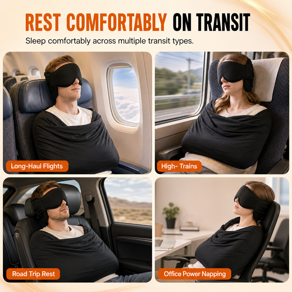 ✈️ Integreret memory foam rejsepude og 3D blackout søvnmask sæt til nakkestøtte under rejsen
