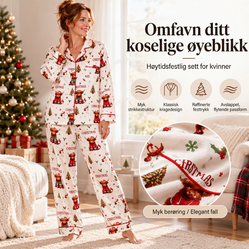Kvindeligt julepyjamassæt med langærmet og skåret krave 🎄