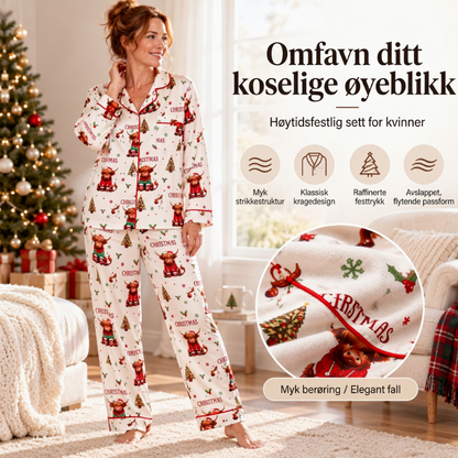 Kvindeligt julepyjamassæt med langærmet og skåret krave 🎄