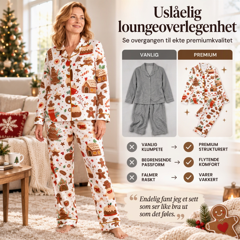 Kvindeligt julepyjamassæt med langærmet og skåret krave 🎄